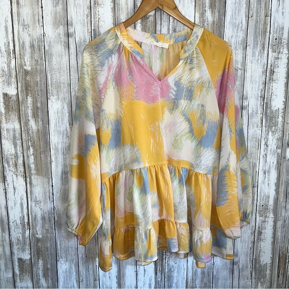 Entro Yellow, Blue Tired Ruffle Neck Blouse - Picture 2 of 6